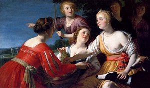 Gerrit Van Honthorst - Diana Resting After The Hunt, With Shepherdesses And Two Greyhounds, A Landscape Beyond