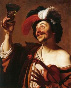Gerrit Van Honthorst - The Happy Violinist with a Glass of Wine