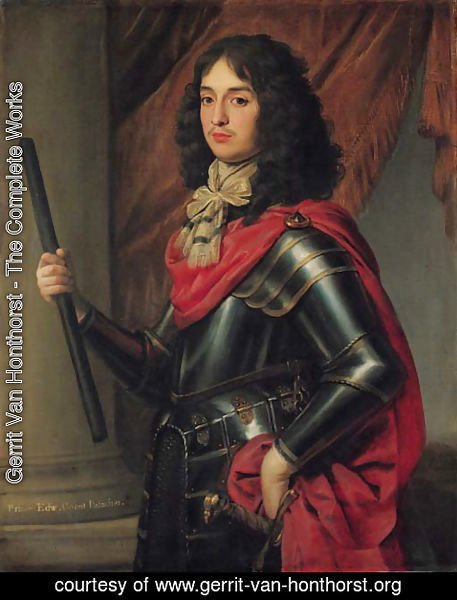 Gerrit Van Honthorst - Portrait of Prince Edward of the Palatinate (1625-1663), three-quarter-length, in armour and a red mantle, a baton in his right hand, before a column
