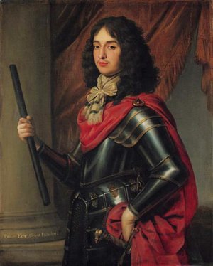 Gerrit Van Honthorst - Portrait of Prince Edward of the Palatinate (1625-1663), three-quarter-length, in armour and a red mantle, a baton in his right hand, before a column