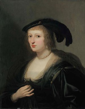 Gerrit Van Honthorst - Portrait of Ursula van Solms, half-length, in a black dress and feathered hat, her crucifix in her right hand