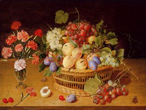 A Still Life Of A Vase Of Carnations To The Left Of A Basket Of Fruit