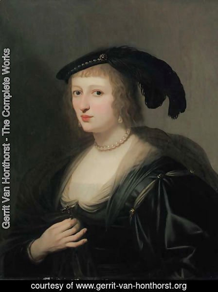 Portrait of Ursula van Solms, half-length, in a black dress and feathered hat, her crucifix in her right hand