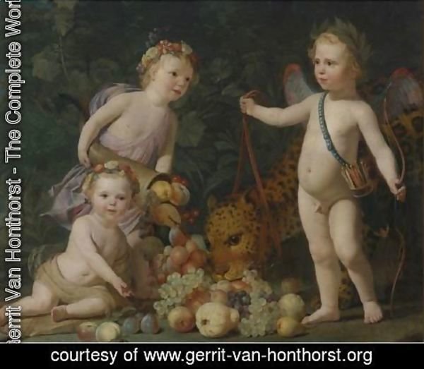 Gerrit Van Honthorst - Three Children With Fruit And A Jaguar